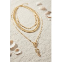 Pirinç Gold Renk Deniz Atı Objeli Yılan Zincir Detaylı Kadın Kolye Kombini TJ-BKO11268