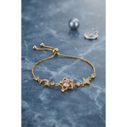 Pembe Taşlı Yıldız Model Gold Renk Zirkon Taşlı Asansörlü Bileklik TJ-BB8920